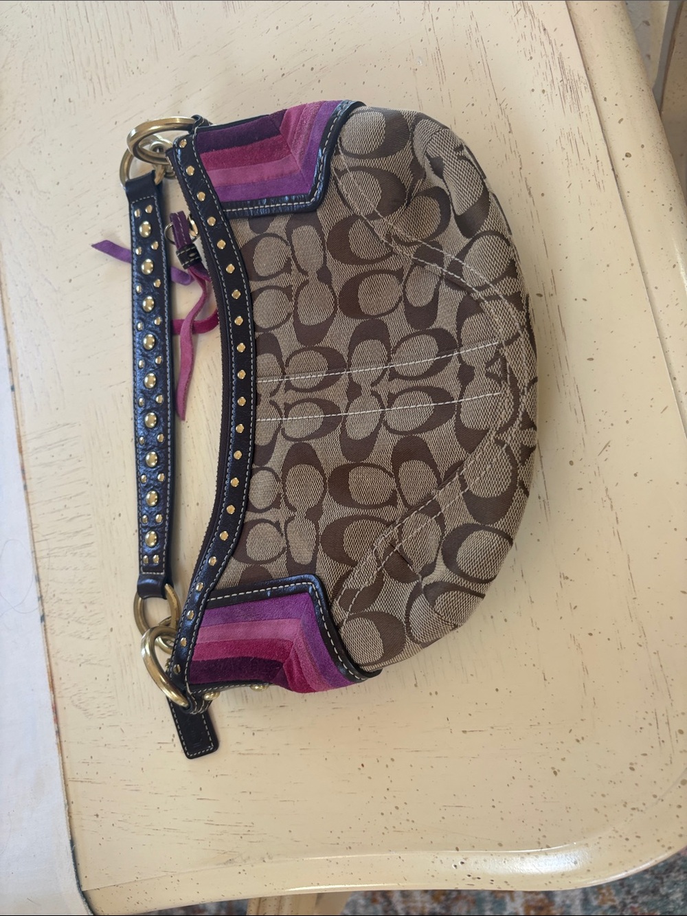 Coach Brown Signature Canvas Shoulder Bag with Pink Accents vintage y2k - Picture 2 of 4